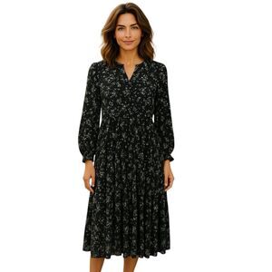 ZARA Black White Floral Midi Dress Size Small Long Sleeve Boho Cottagecore